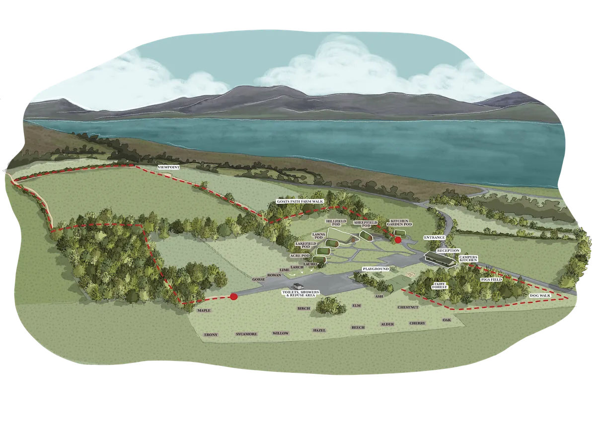 Illustrated site map of Goats Path Farm & Pod Park overlooking Bantry Bay